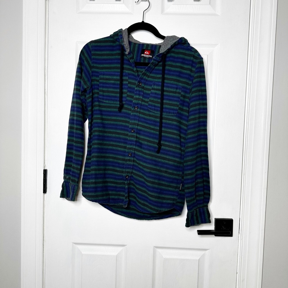 Quiksilver Striped Flannel Hooded Shirt Mens Small Button Up Long Sleeve